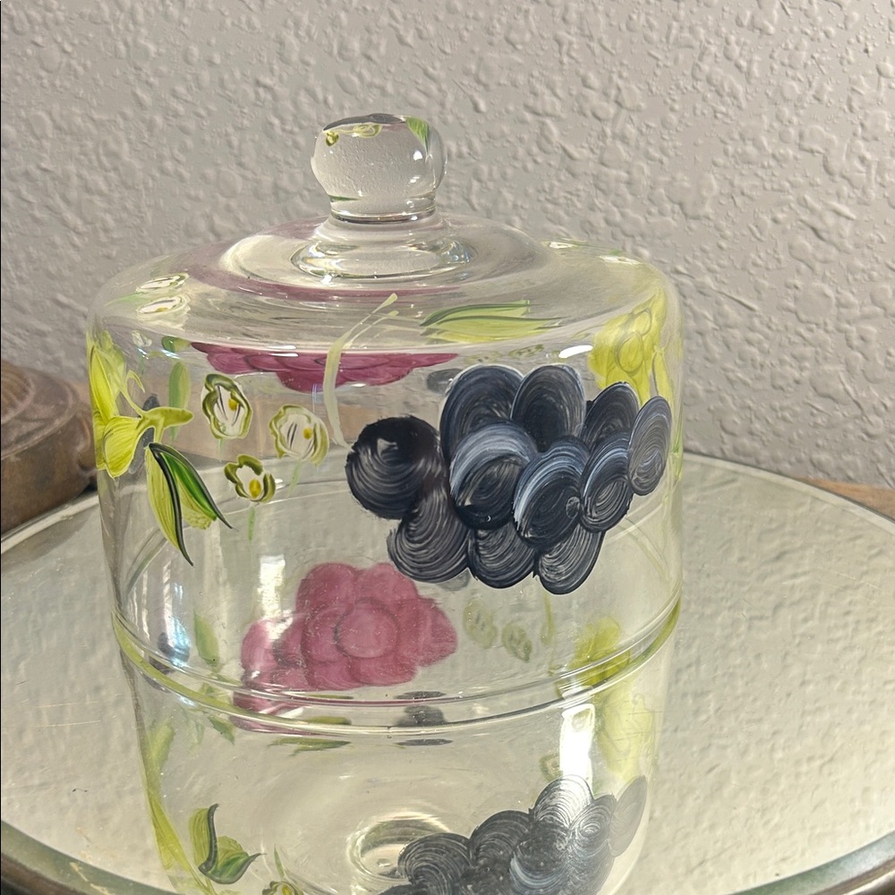 Hand-Painted Glass Cloche with Floral Motif, cloche only no plate Bloom Core